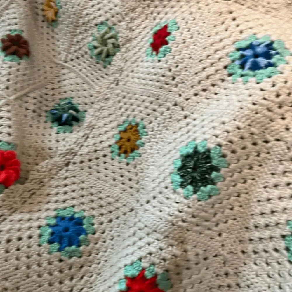 Handmade Crochet Afghan Blanket Puff 3D Flowers Cotton Blend 72x52 Boho Cottagec